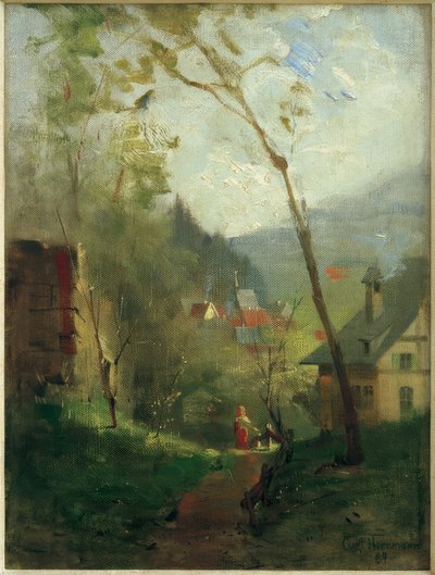 Woman in Red Dress Before Landscape by Curt Herrmann